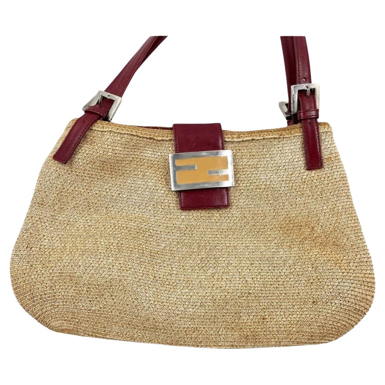 Fendi Mamma Baguette Raffia Straw Shoulder Bag Red Leather Strap For Sale