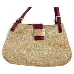 Fendi Mamma Baguette Raffia Straw Shoulder Bag Red Leather Strap