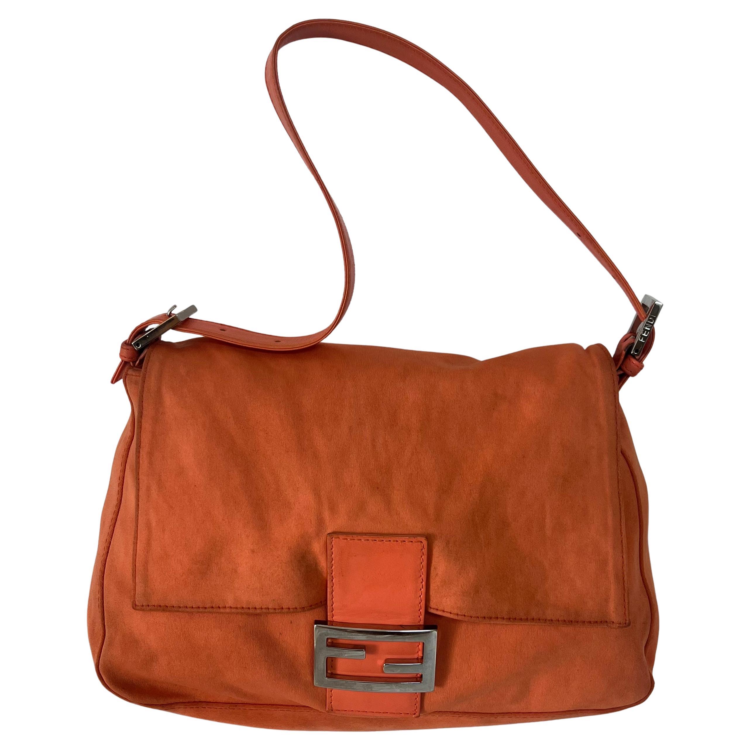Fendi Mamma Baguette Vintage Orange Cloth Silver Hardware Shoulder Bag