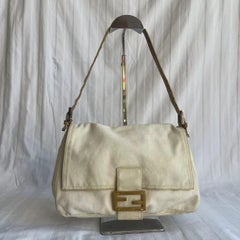 Fendi Mamma Baguette Vintage White Denim Yellow Leather Strap Shoulder Bag