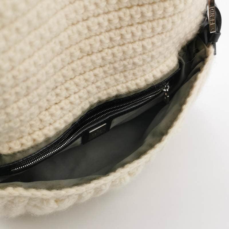 Women's Fendi Mamma Baguette White Crochet Pompom Shoulder Bag