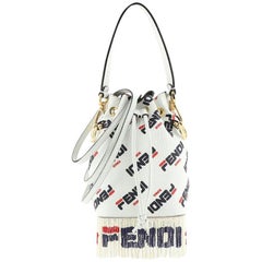 Fendi Mania Logo Mon Tresor Bucket Bag Printed Leather with Beaded Fringe Mini