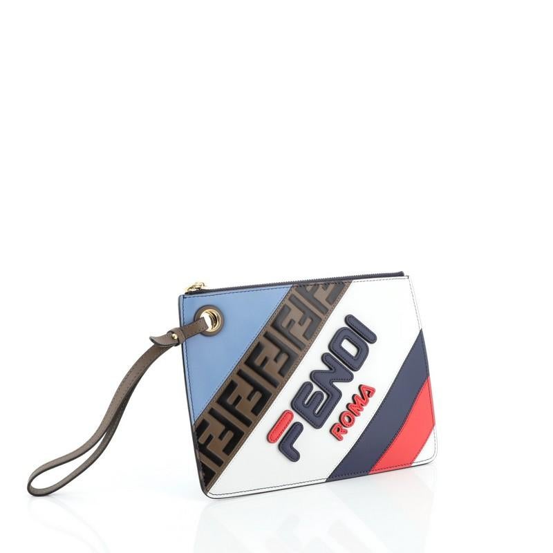This Fendi Mania Logo Zip Pouch Inlaid Leather Small, crafted from multicolor printed leather, features front logo, and gold tone hardware. Its closure opens to a brown fabric interior. 

Estimated Retail Price: $850
Condition: Excellent. Light wear