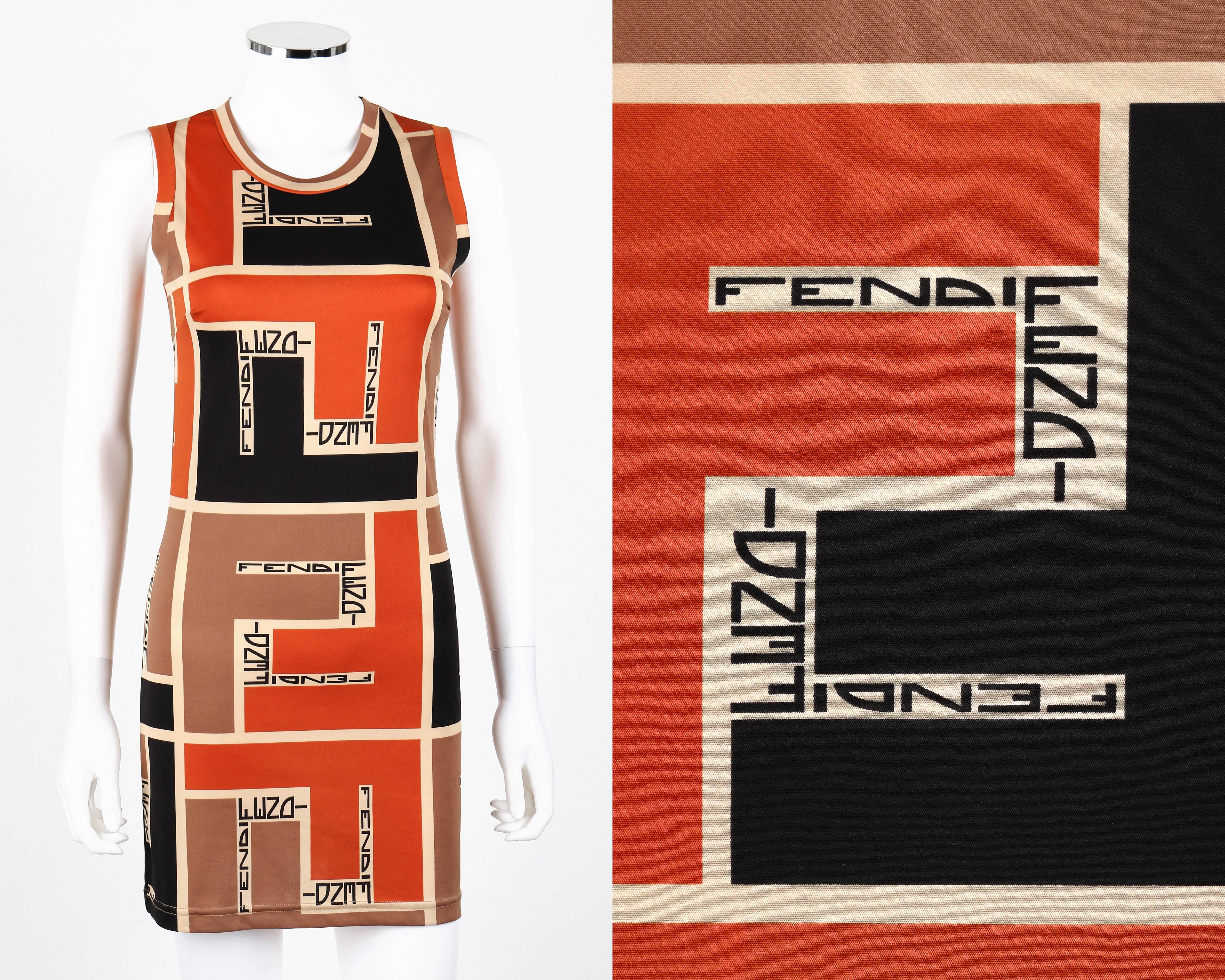 Fenci Mare c.1990's color-block zucca FF monogram print knit shift dress. Designed by Karl Lagerfeld. Large color-blocked Zucca 