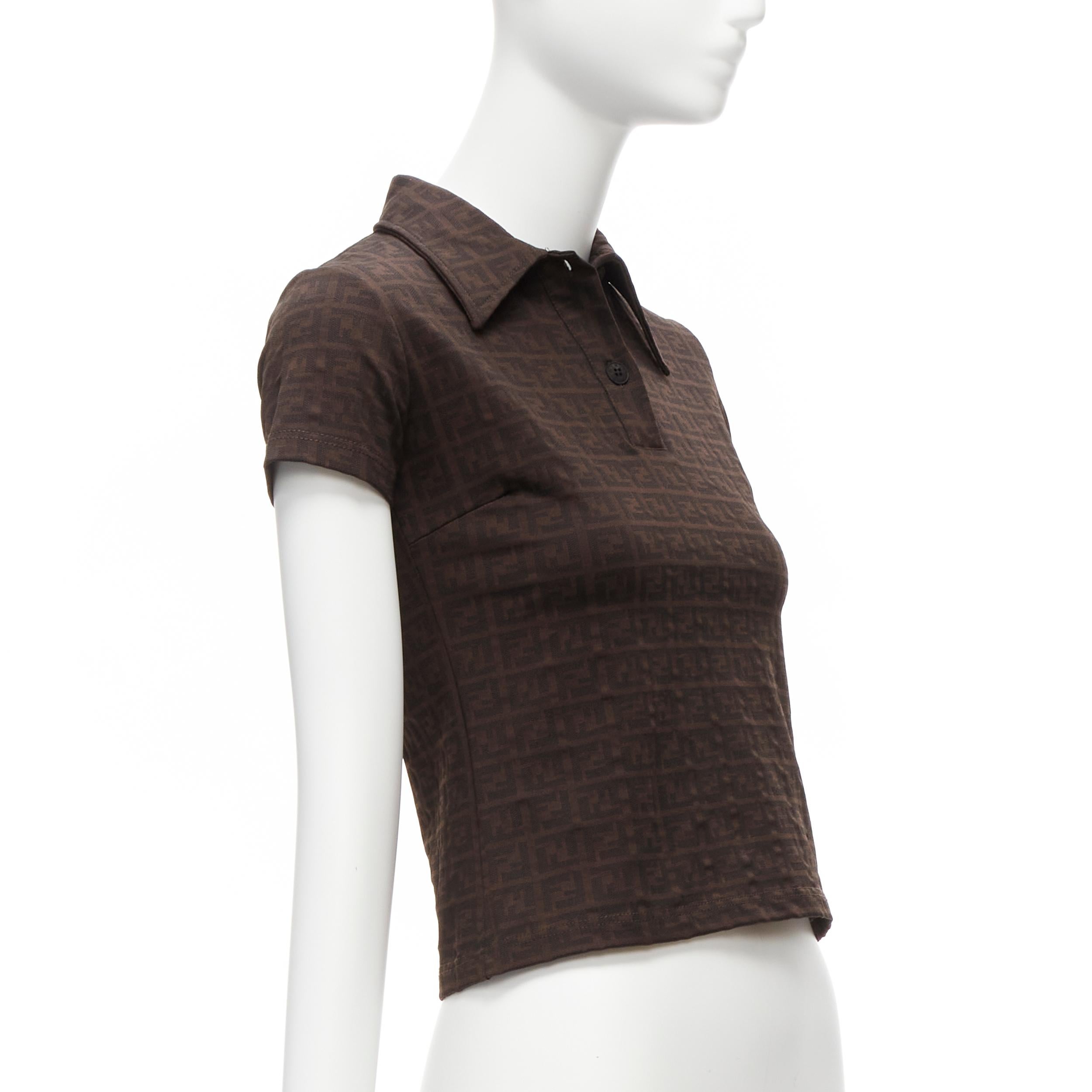 Black FENDI MARE Vintage brown FF Zucca monogram jacquard polo top IT40 S For Sale