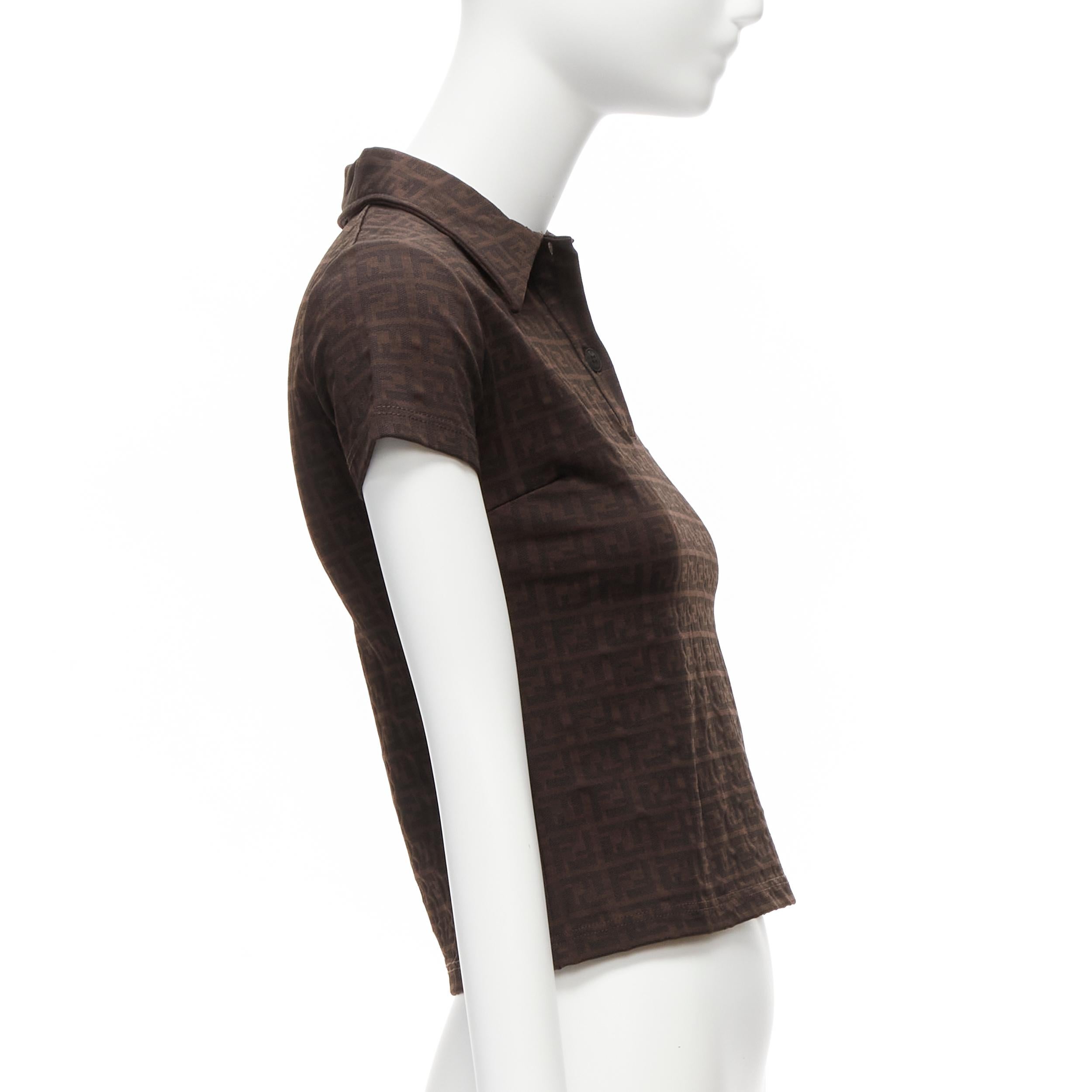 FENDI MARE Vintage brown FF Zucca monogram jacquard polo top IT40 S In Good Condition For Sale In Hong Kong, NT