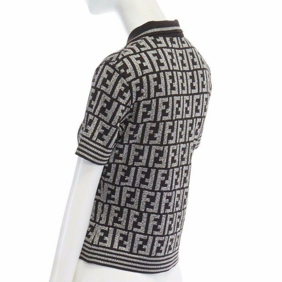 FENDI MARE Zucca FF monogram brown grey jacquard knit polo shirt top IT44 L