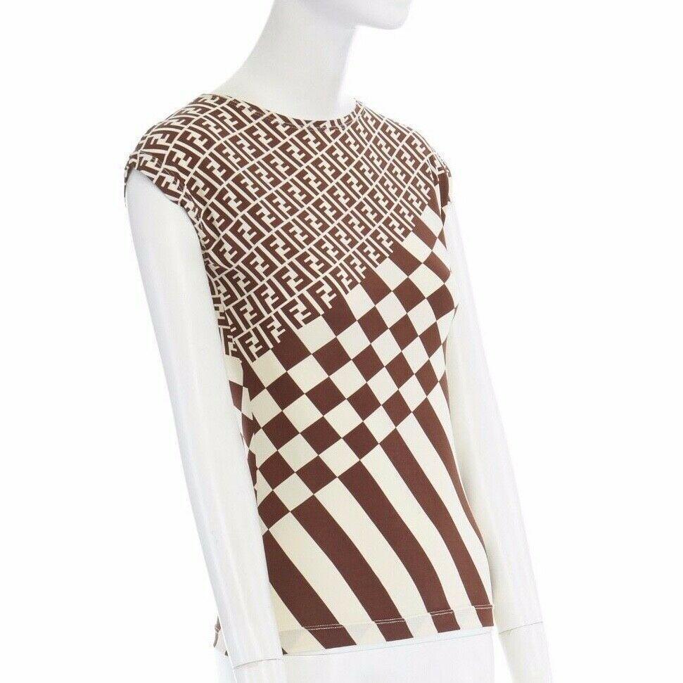 FENDI MARE Zucca FF monogram cream brown checker print sleeveless vest top S In Excellent Condition In Hong Kong, NT
