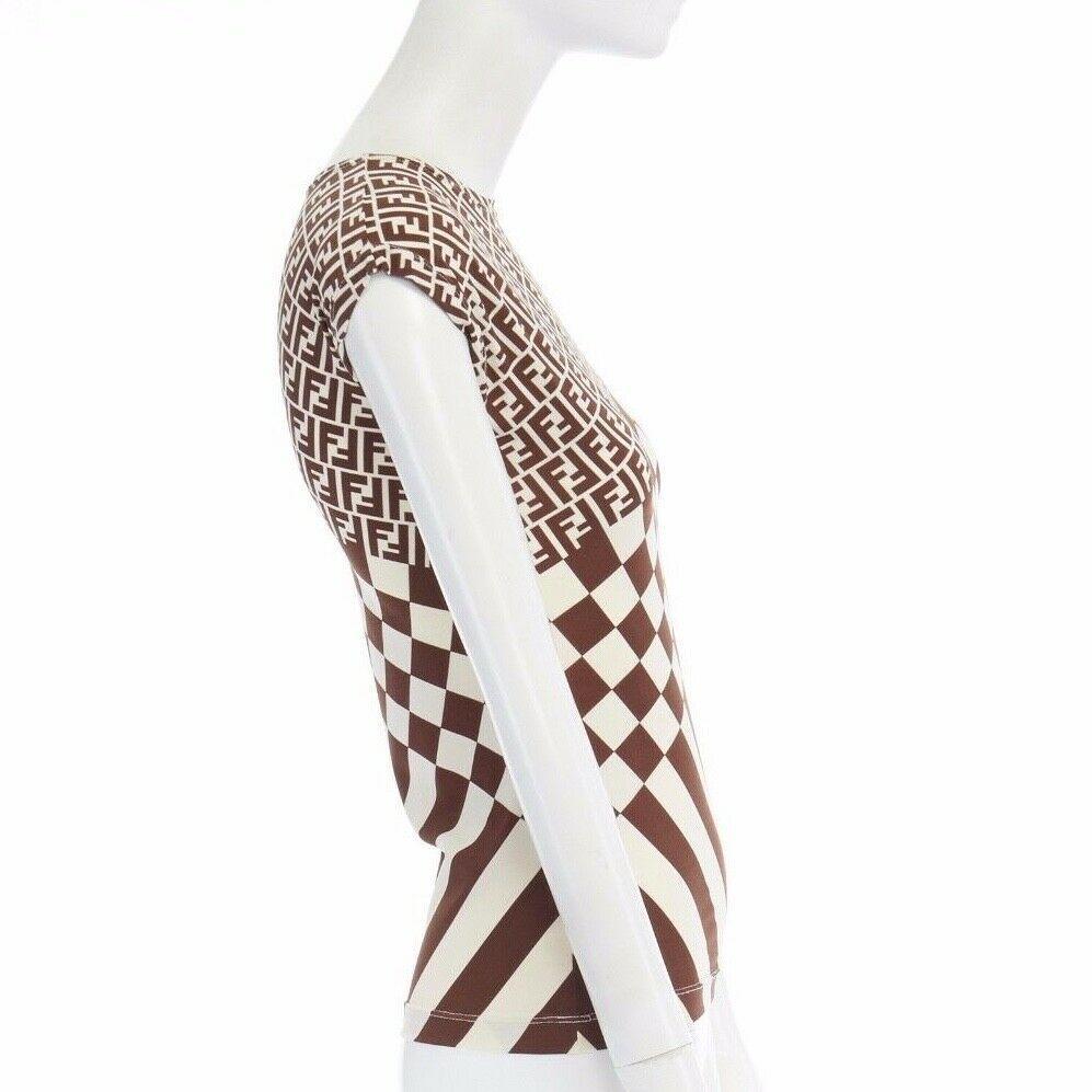Women's FENDI MARE Zucca FF monogram cream brown checker print sleeveless vest top S