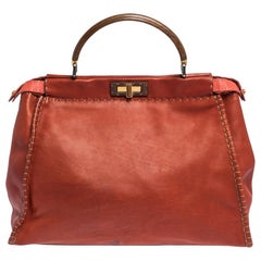 Fendi Maroon/Coral Orange Selleria Leather Large Peekaboo Top Handle Bag