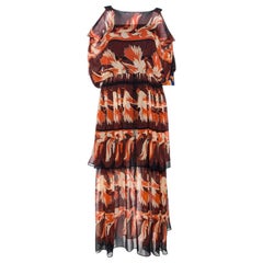Fendi Maroon Parakeet Print Silk Embellished Tiered Dress M