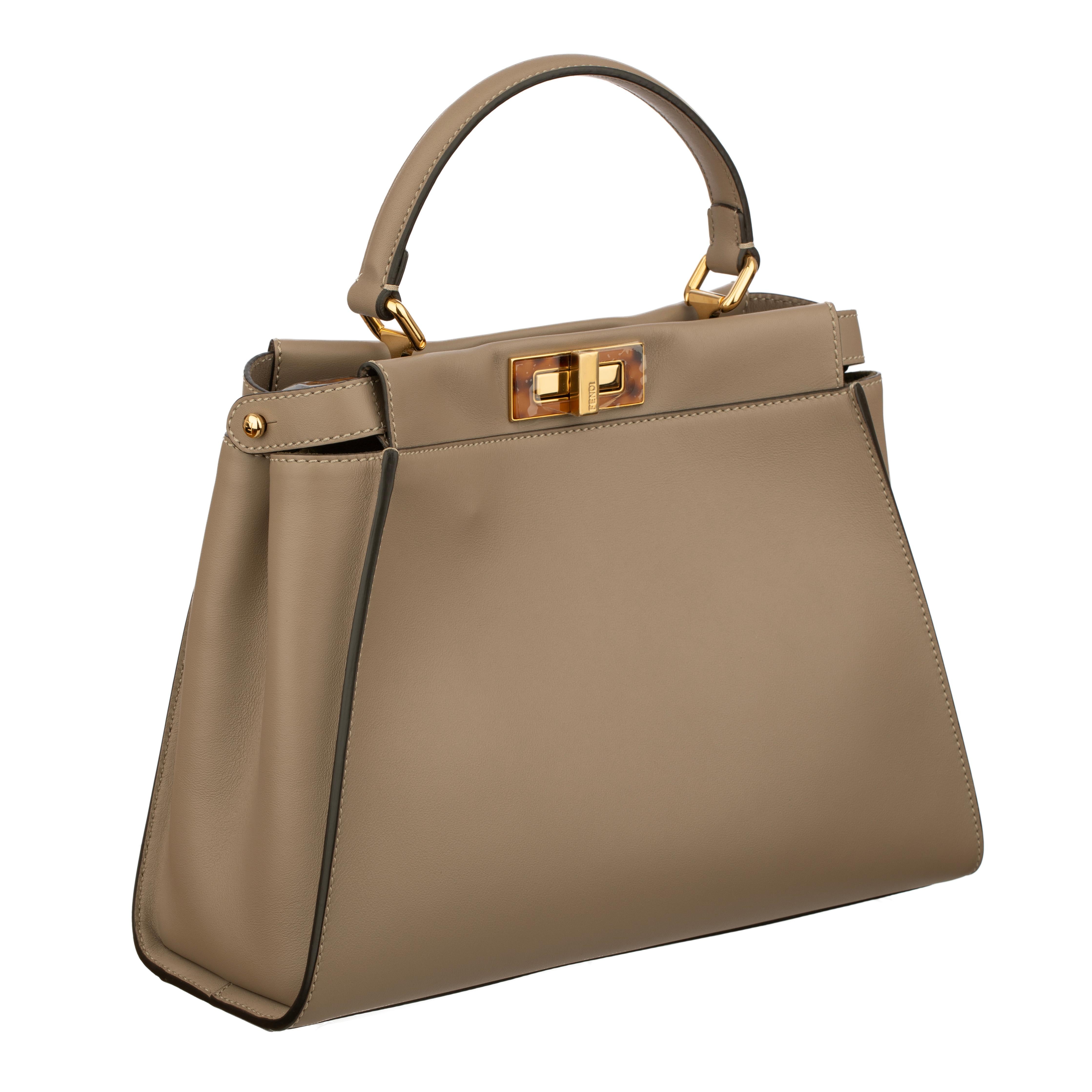 Brown Fendi Medium Peekaboo Bag In Taupe Leather With Gold Hardware For Sale