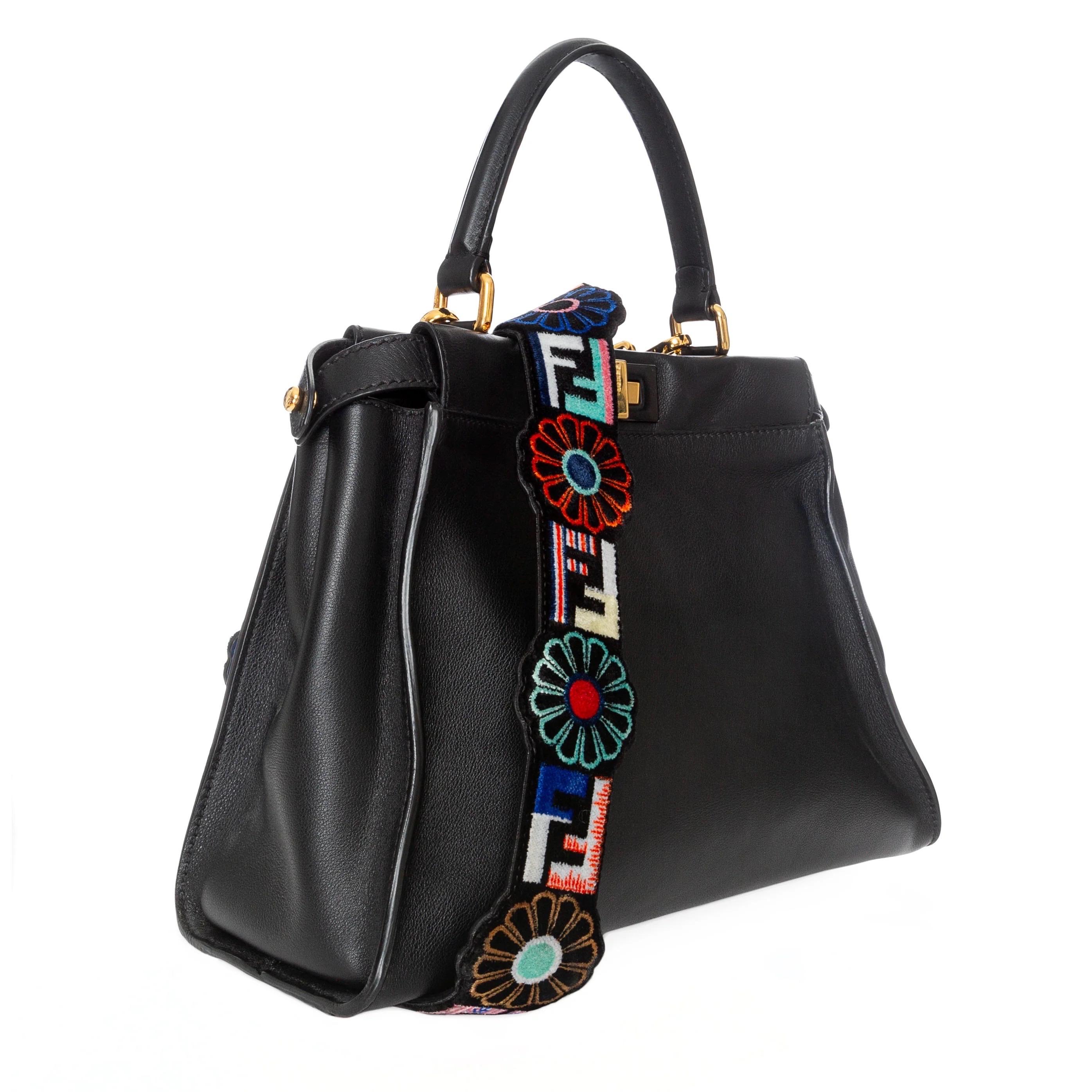 Women's or Men's Fendi Medium Peekaboo Black Leather Floral Strap Two-Way Bag 2017