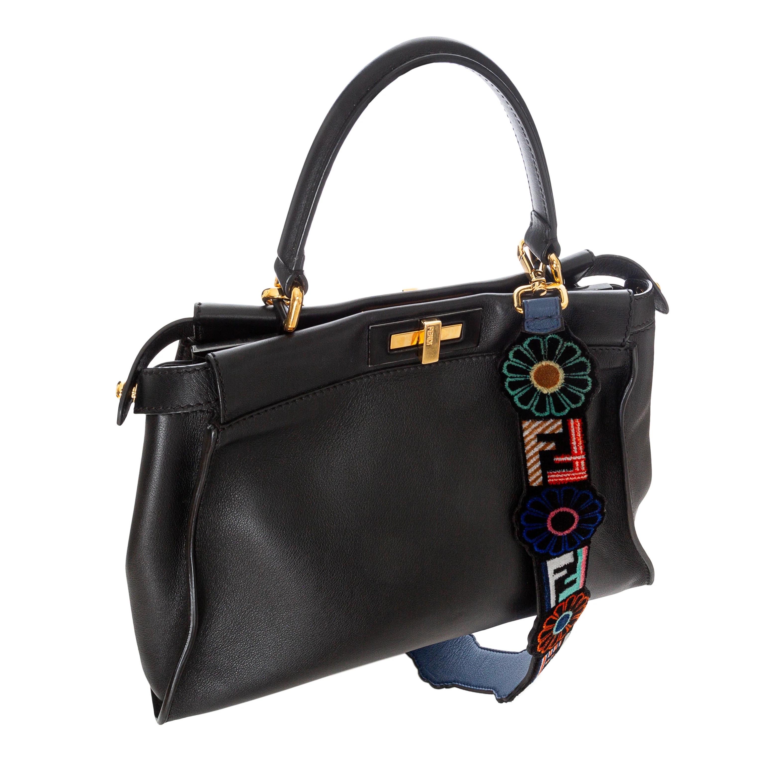 Fendi Medium Peekaboo Black Leather Floral Strap Two-Way Bag 2017 1
