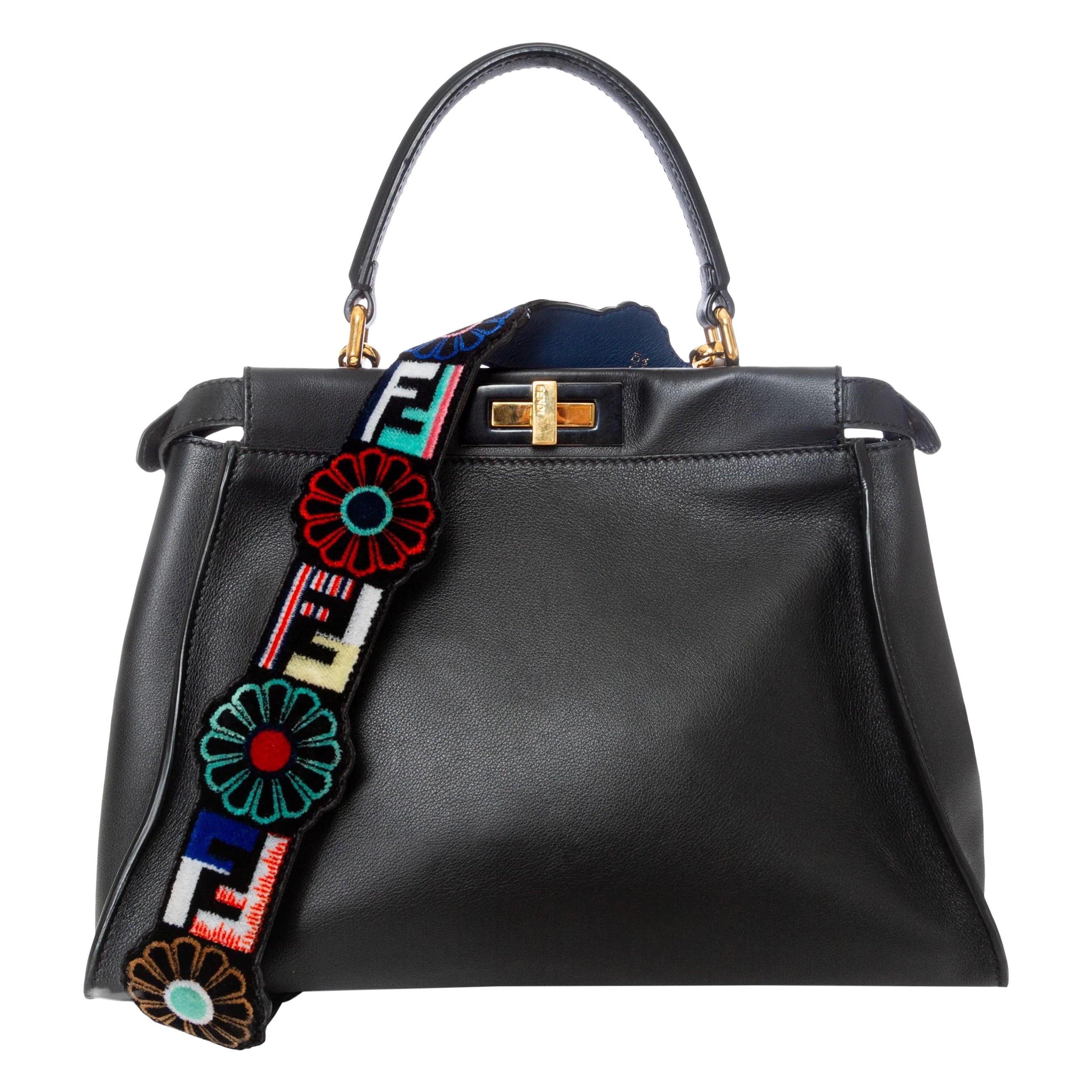 Fendi Medium Peekaboo Black Leather Floral Strap Two-Way Bag 2017