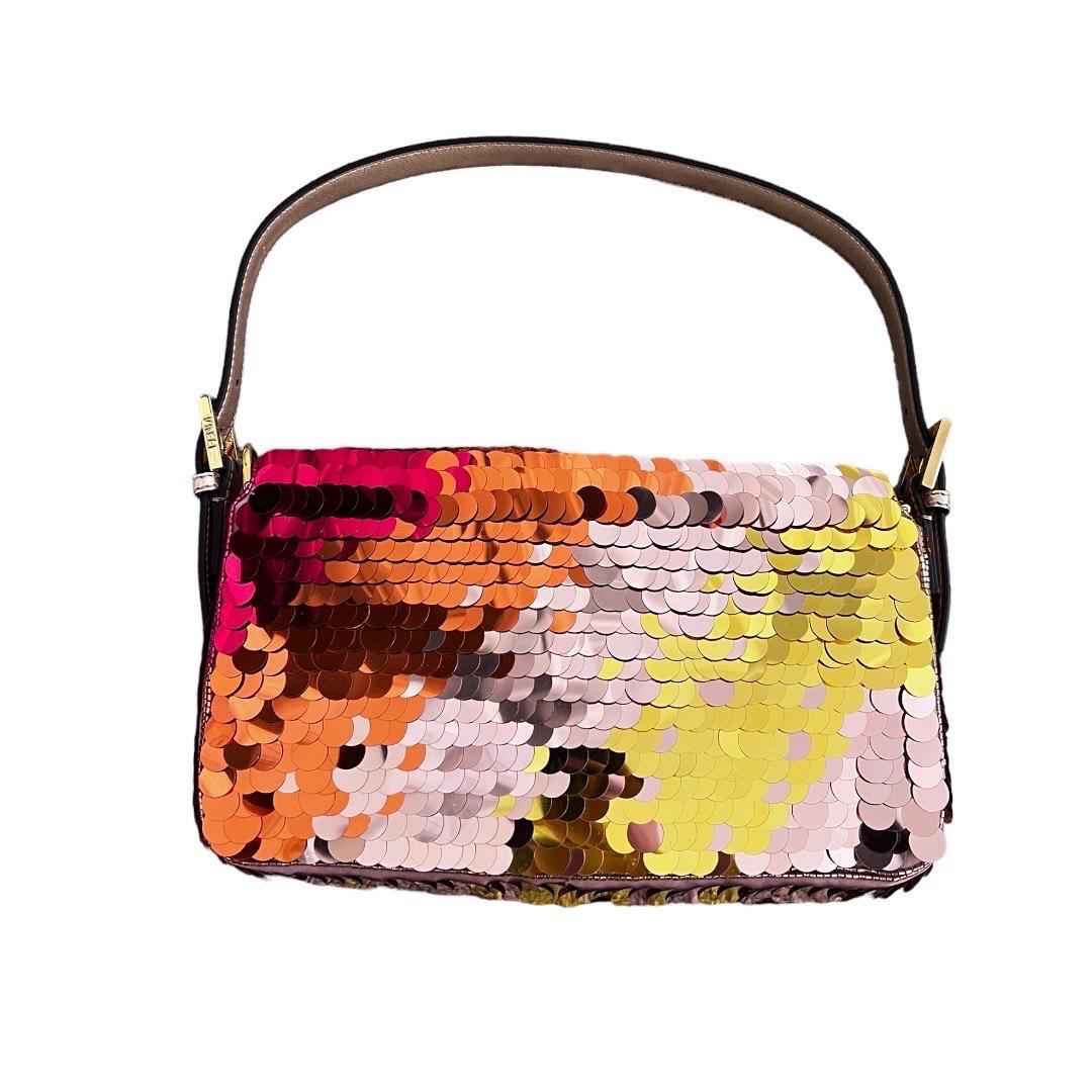 DESCRIPTION
NEW, Never worn
Fendi Top Handle Bag
From the 2022 Collection by Kim Jones
Rainbow color
Silver-Tone Hardware
Leather Trim
Single Shoulder Strap
Leather, Beaded & Sequin Accents
Satin Lining & Single Interior Pocket
Snap Closure at