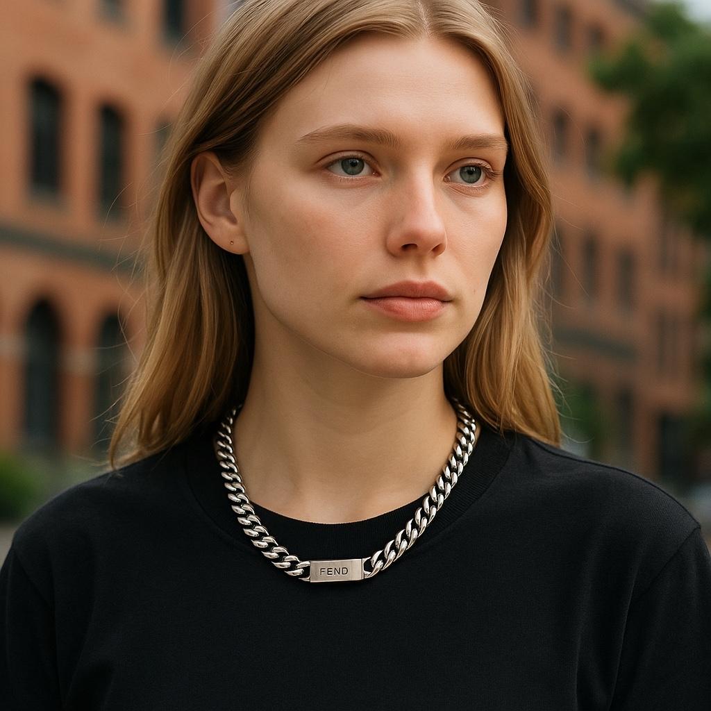 Una dichiarazione di Contemporary Lux e di branding iconico
Eleva il tuo stile streetwear o casual con questa collana a catena cubana da uomo di Fendi, realizzata meticolosamente in Italia e rifinita con una placcatura in palladio color argento.