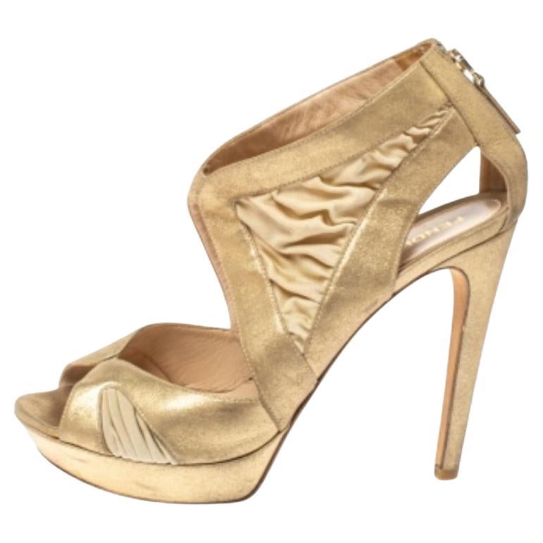 Fendi Metallic Beige Leather and Fabric Platform Sandals Size 40 For Sale