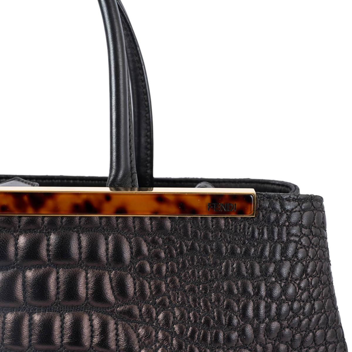 FENDI sac à main 2JOURS en cuir noir métallisé FAUX CROC MEDIUM Pour femmes en vente
