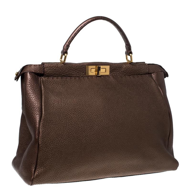 Fendi Metallic Brown Selleria Leather Large Peekaboo Top Handle Bag In Good Condition In Dubai, Al Qouz 2