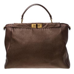 Fendi Metallic Brown Selleria Leather Large Peekaboo Top Handle Bag