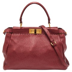 Fendi Metallic Burgundy Selleria Leather Regular Peekaboo Top Handle Bag