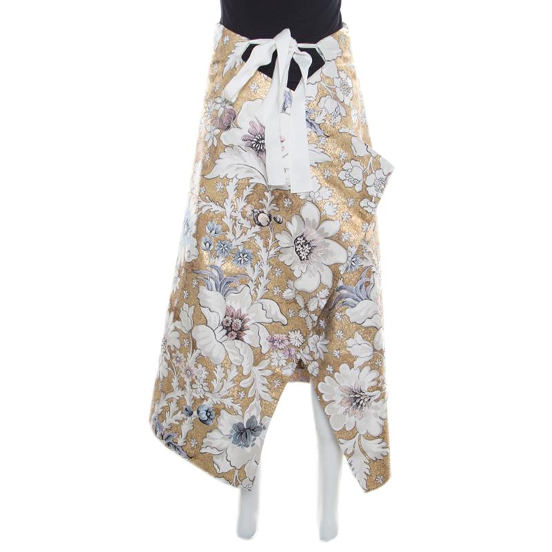 Gray Fendi Metallic Floral Jacquard Tie Detail Apron Skirt S