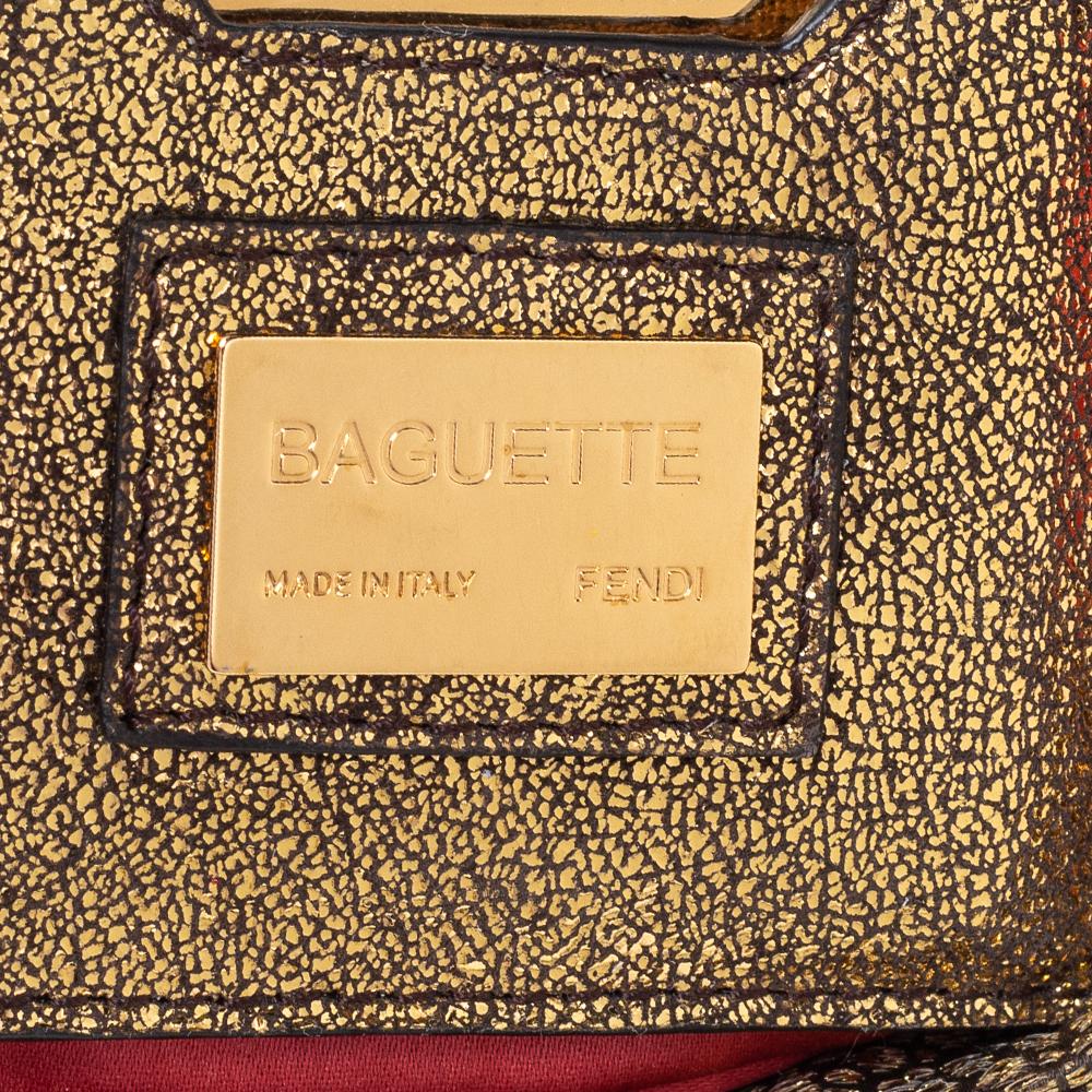 Fendi Metallic Gold Brocade Fabric Baguette Bag 3