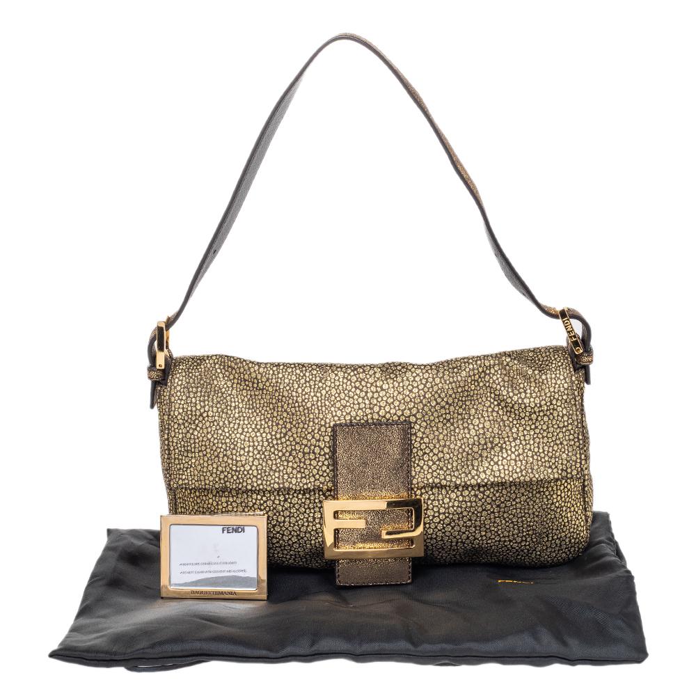 Fendi Metallic Gold Brocade Fabric Baguette Bag 4