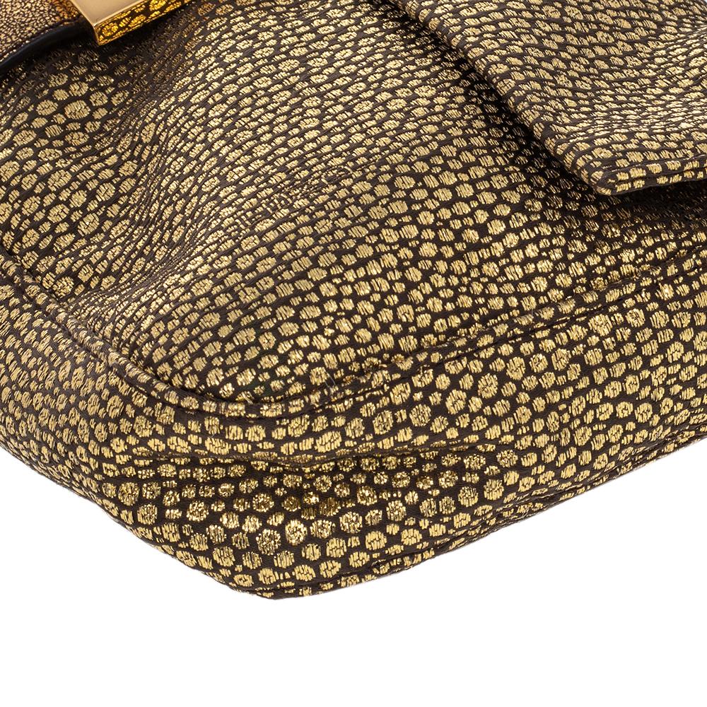 Brown Fendi Metallic Gold Brocade Fabric Baguette Bag