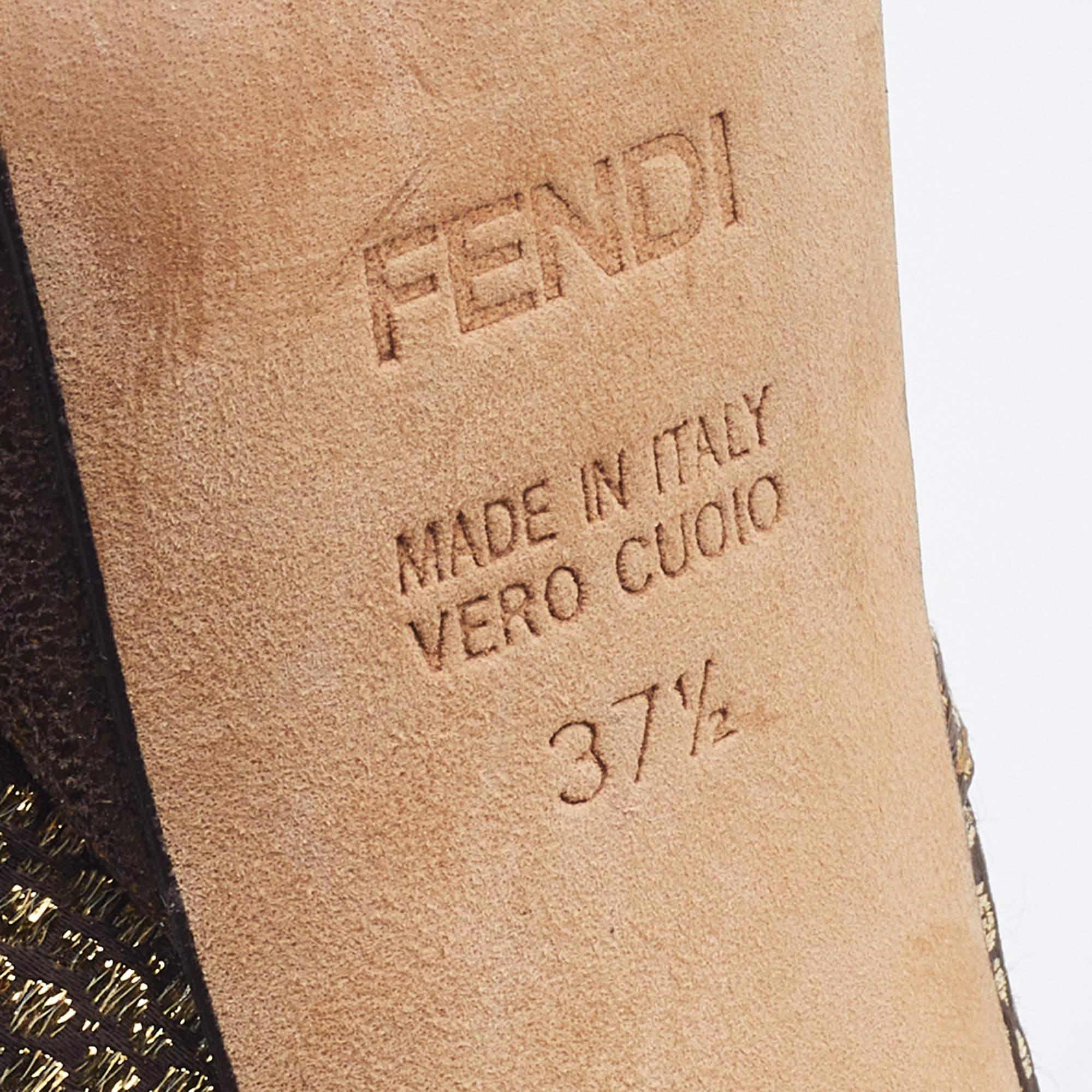 Fendi Metallic Gold Brocade Fabric Deco Peep Toe Bow Platform Pumps Size 37.5 For Sale 3