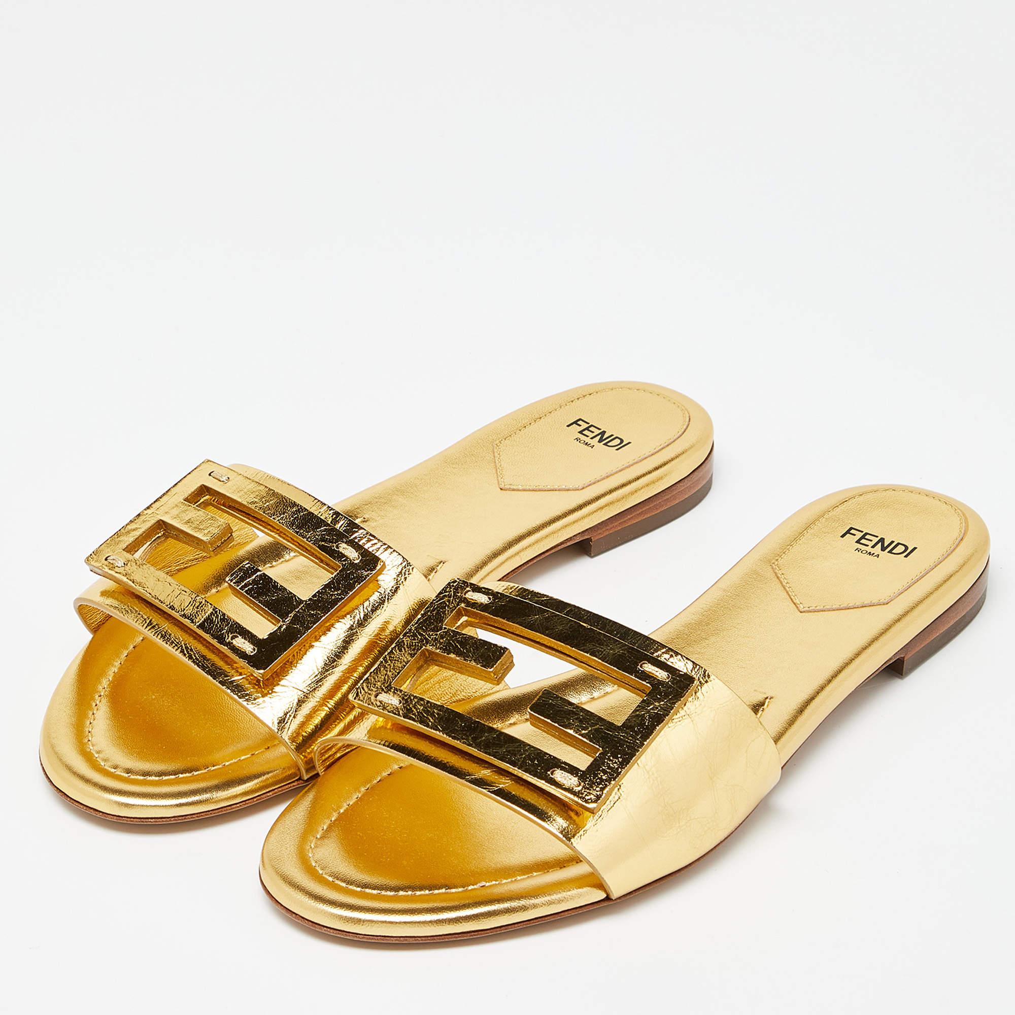 Women's Fendi Metallic Gold Leather Baguette Flat Slides Size 38