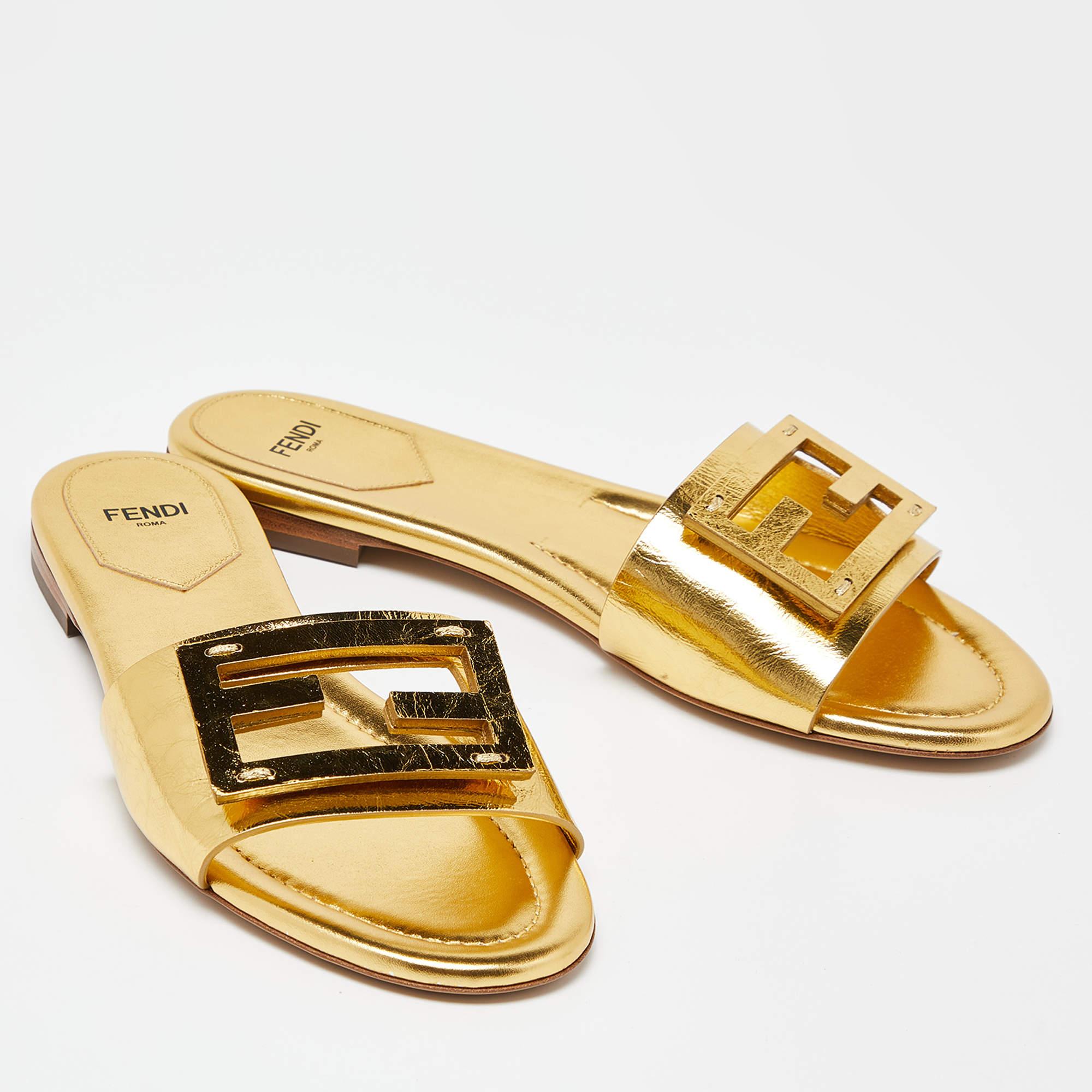 Fendi Metallic Gold Leather Baguette Flat Slides Size 38 1