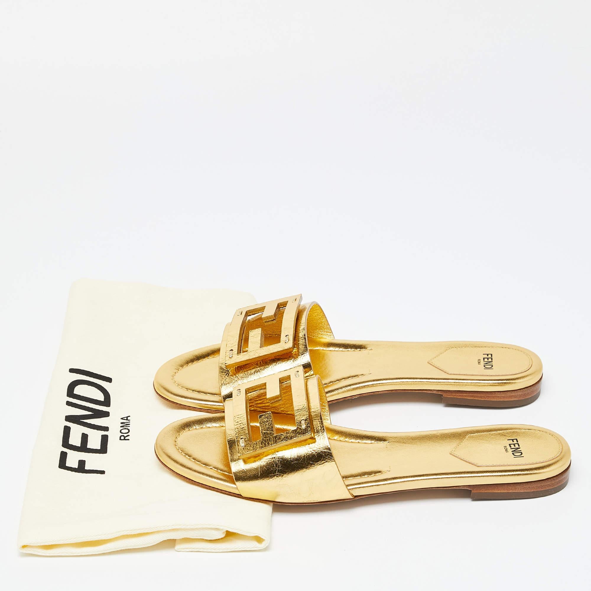 Fendi Metallic Gold Leather Baguette Flat Slides Size 38 3