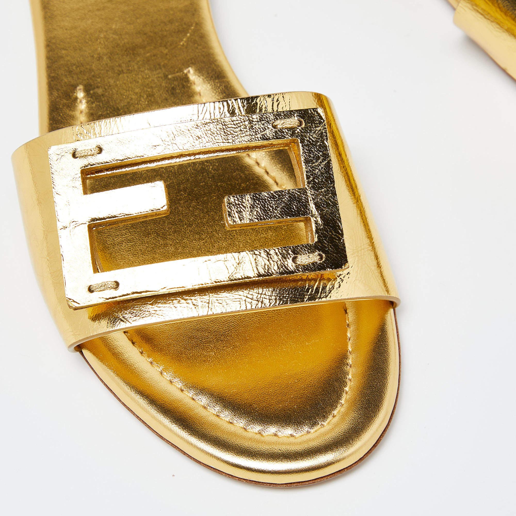 Fendi Metallic Gold Leather Baguette Flat Slides Size 38 4