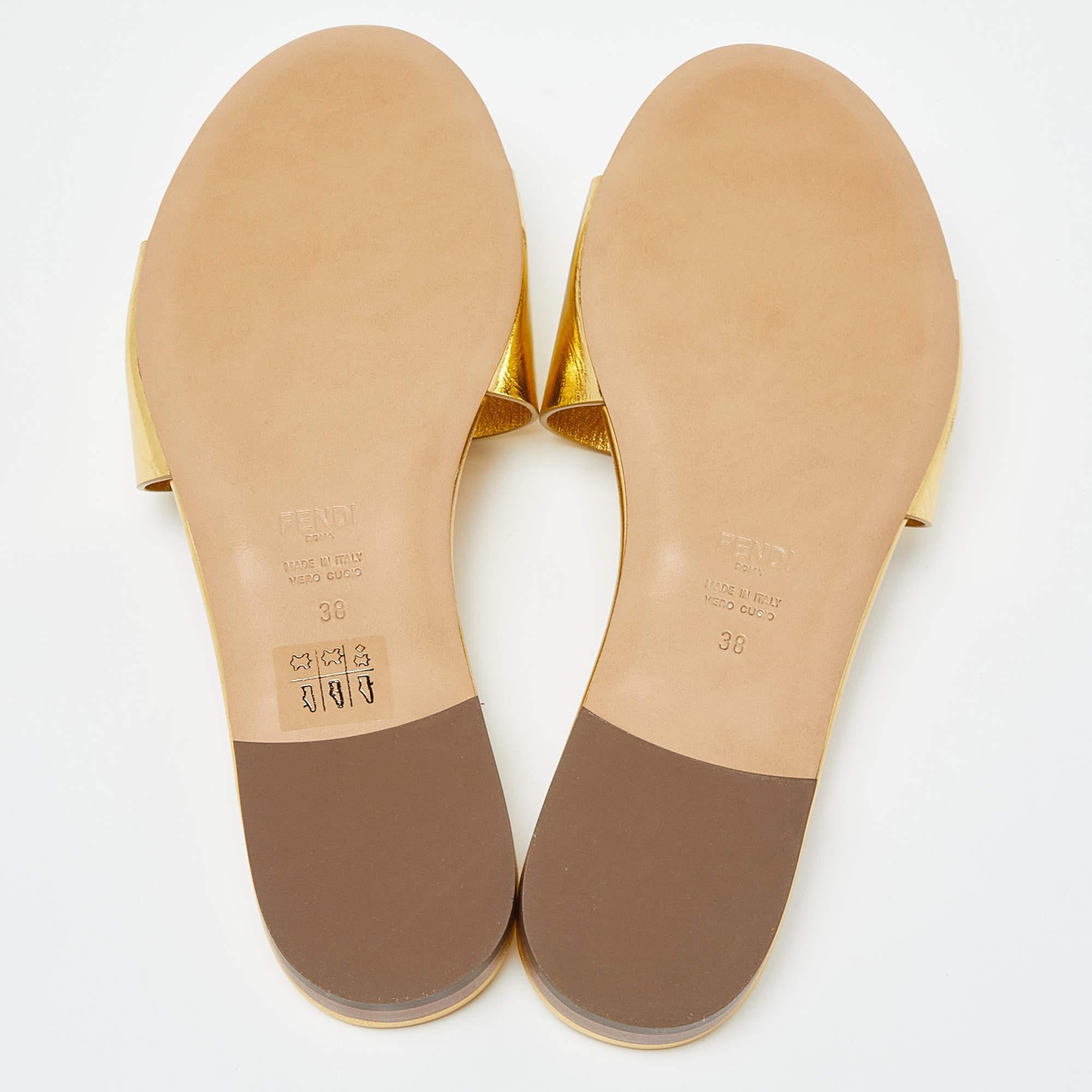 Fendi Metallic Gold Leather Baguette Flat Slides Size 38 5