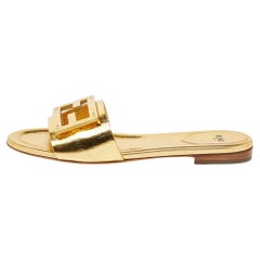 Fendi Metallic Gold Leather Baguette Flat Slides Size 38