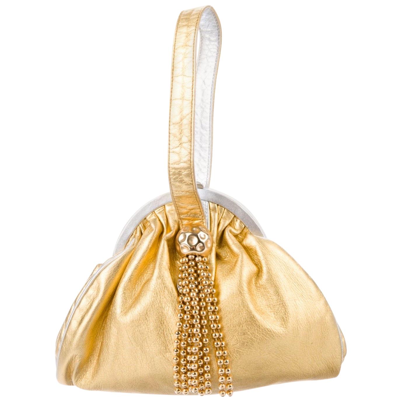 Fendi Metallic Gold Leather Evening Bag with Metal Fringe