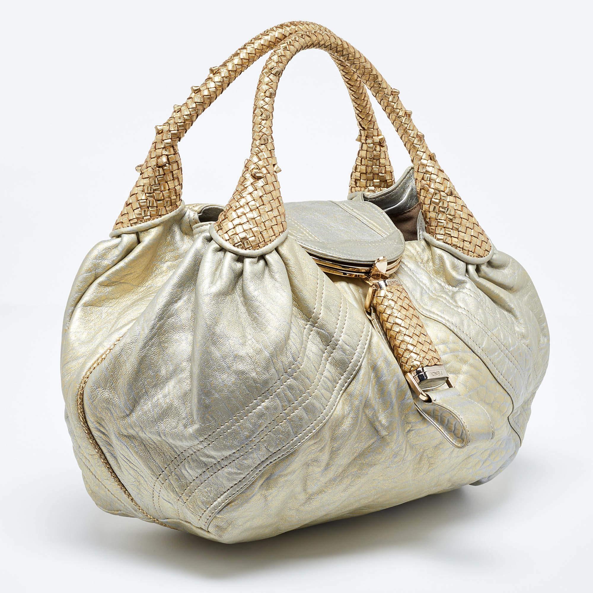 Fendi Metallic Gold Textured Leather Spy Hobo In Good Condition In Dubai, Al Qouz 2