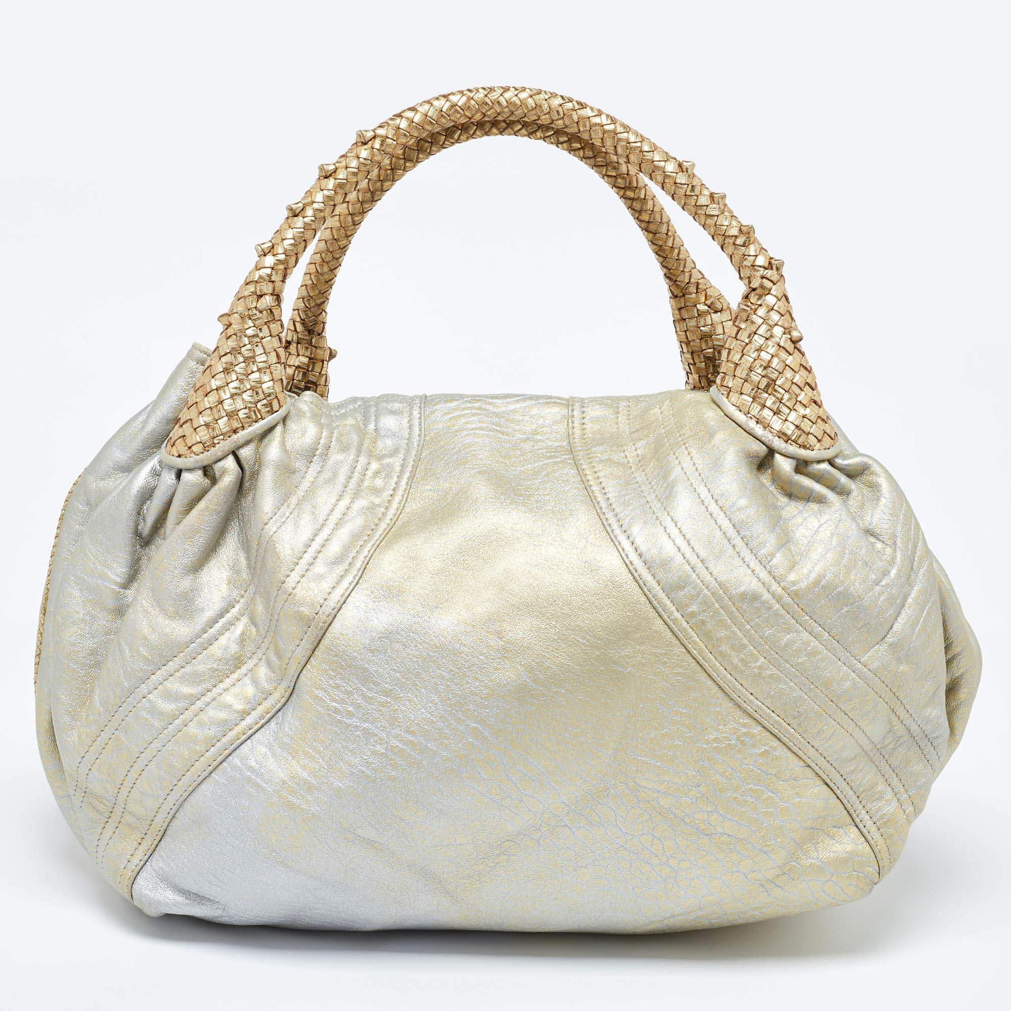Women's Fendi Metallic Gold Textured Leather Spy Hobo