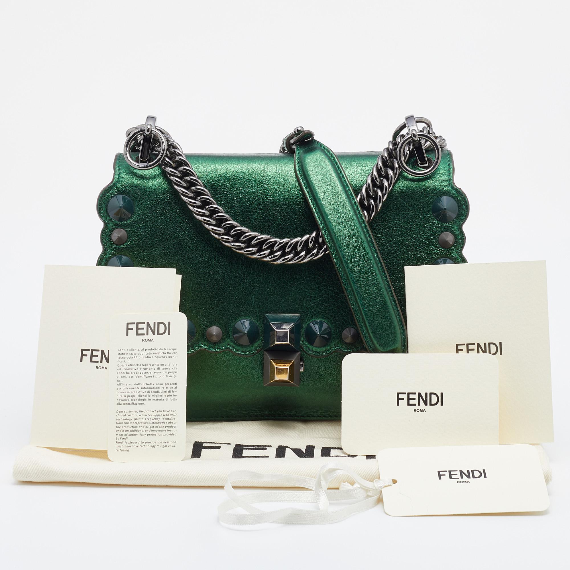Fendi Metallic Green Leather Small Scalloped Kan I Shoulder Bag 7