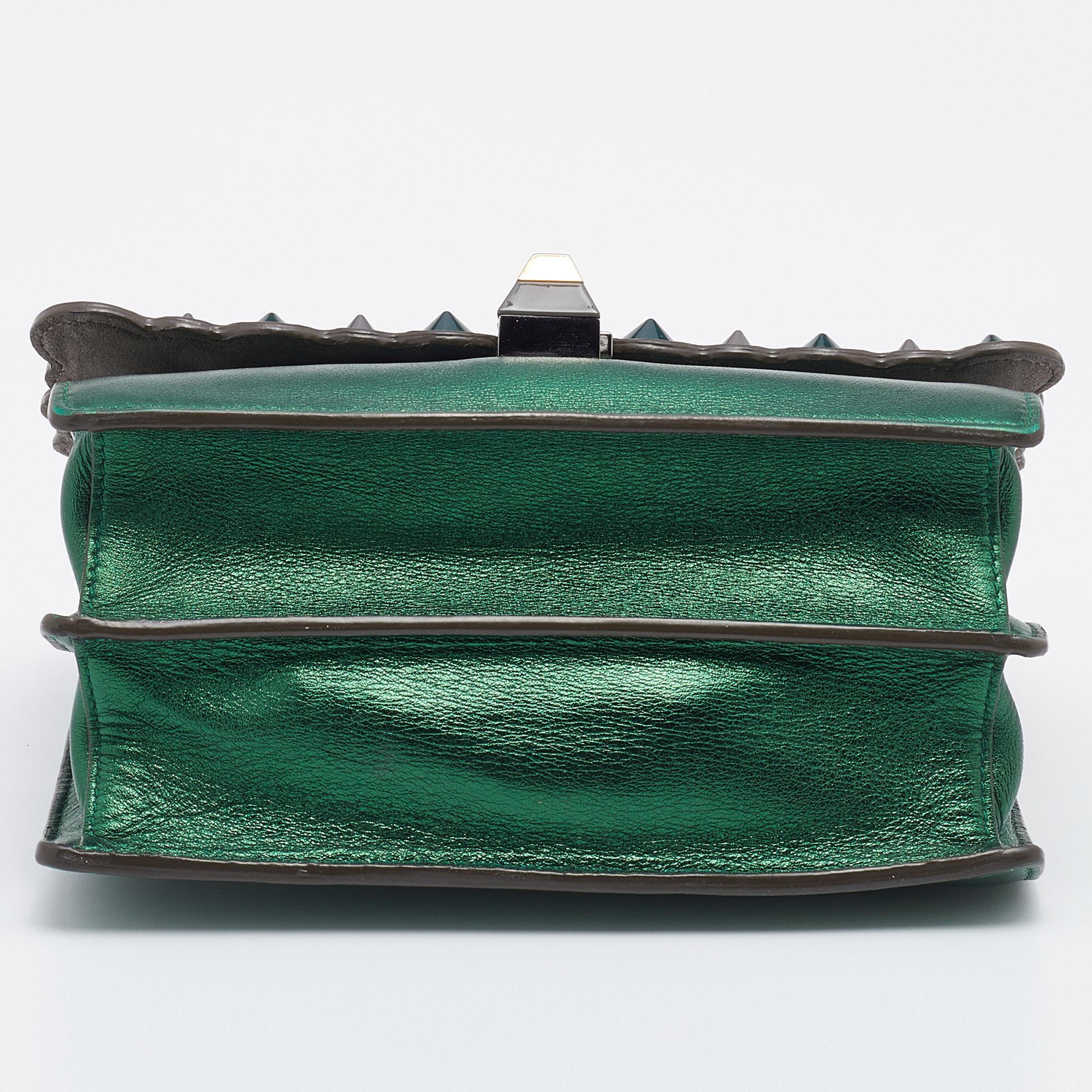 Women's Fendi Metallic Green Leather Small Scalloped Kan I Shoulder Bag