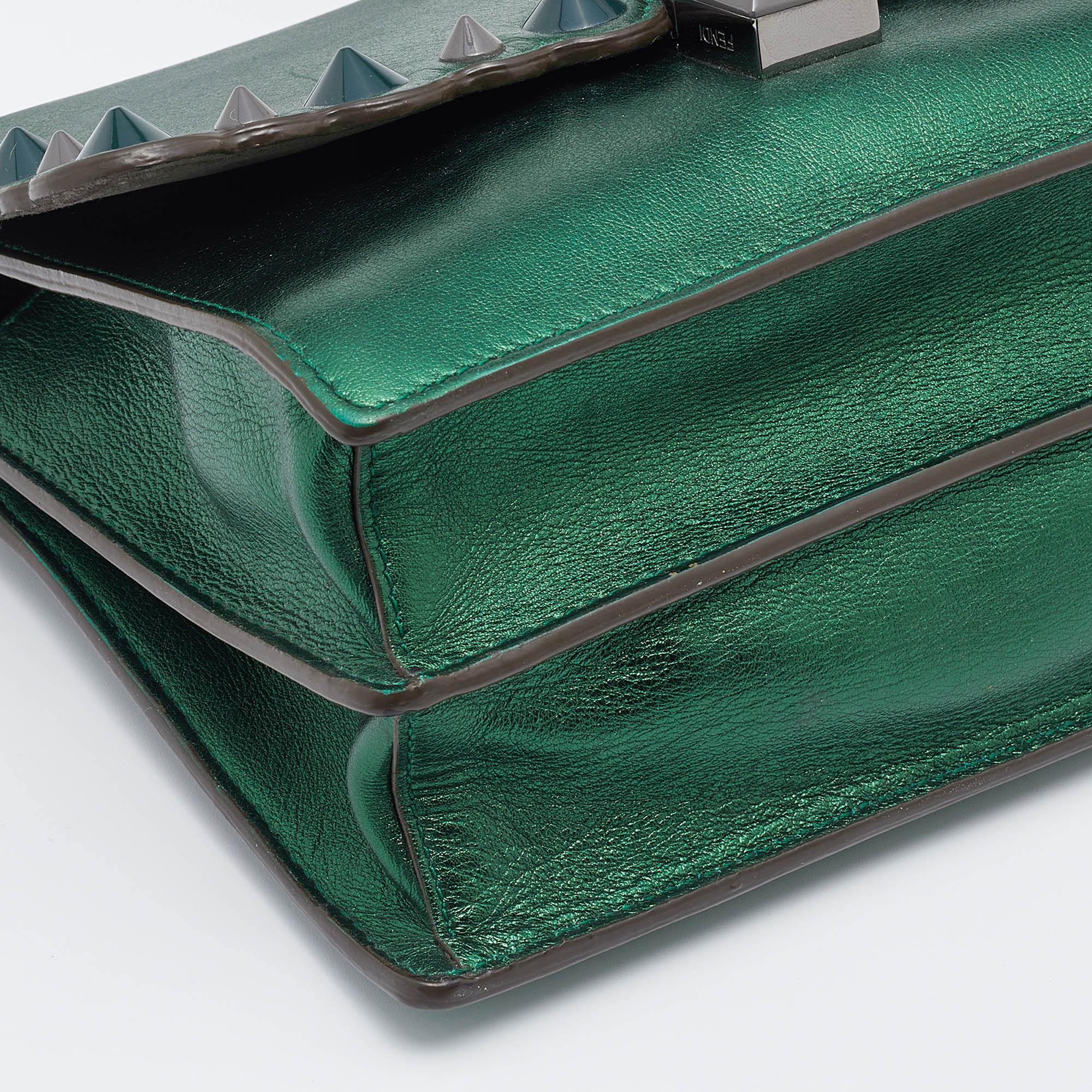 Fendi Metallic Green Leather Small Scalloped Kan I Shoulder Bag 1