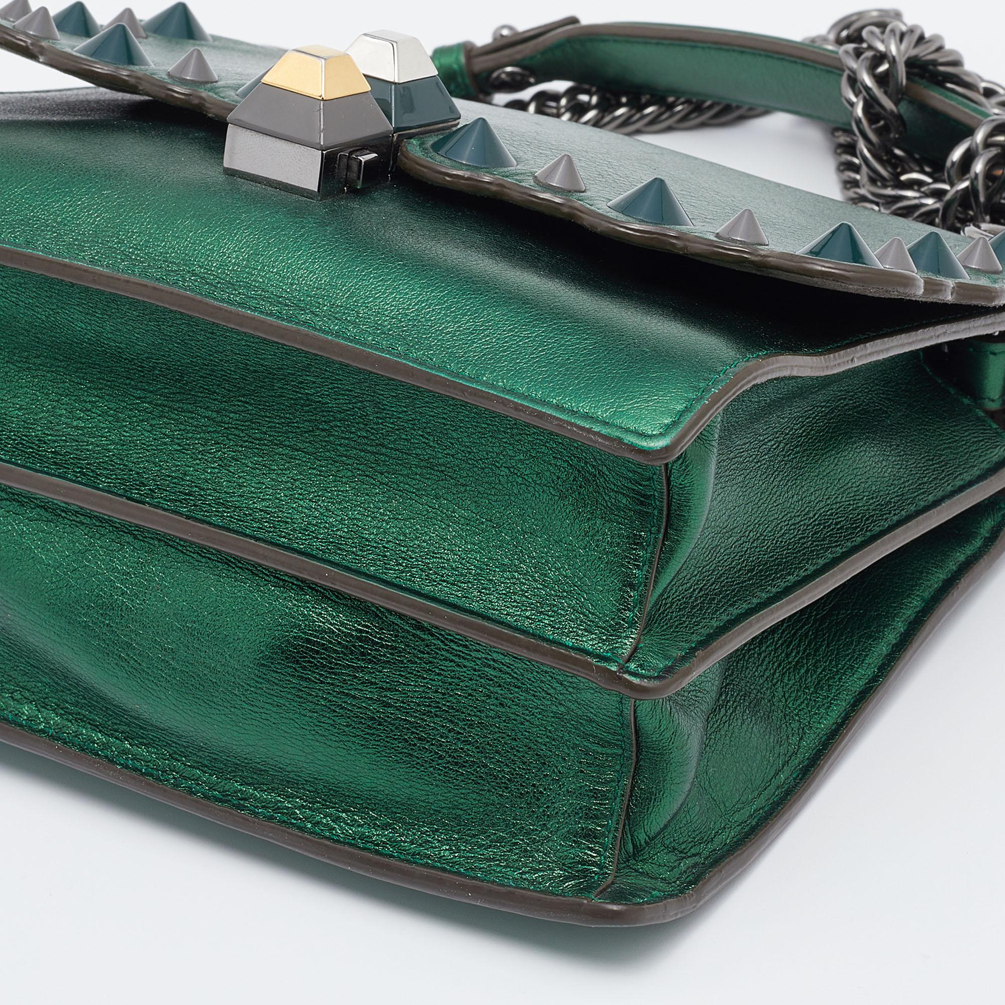 Fendi Metallic Green Leather Small Scalloped Kan I Shoulder Bag 2