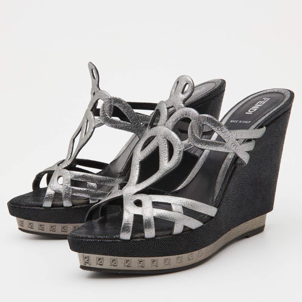 Fendi Metallic Grey Fabric Cut Out Wedge Slide Sandals Size 37 For Sale 3