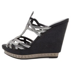 Fendi Metallic Grey Fabric Cut Out Wedge Slide Sandals Size 37