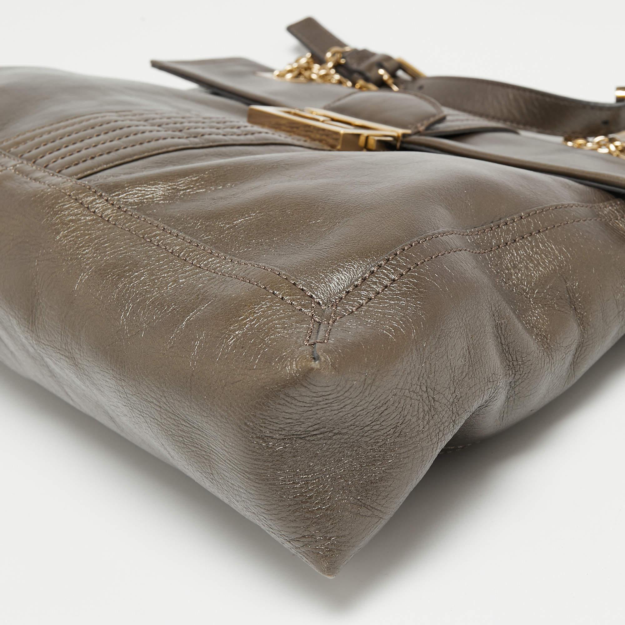Fendi Metallic Grey Leather Maxi Studded Baguette Flap Shoulder Bag 7