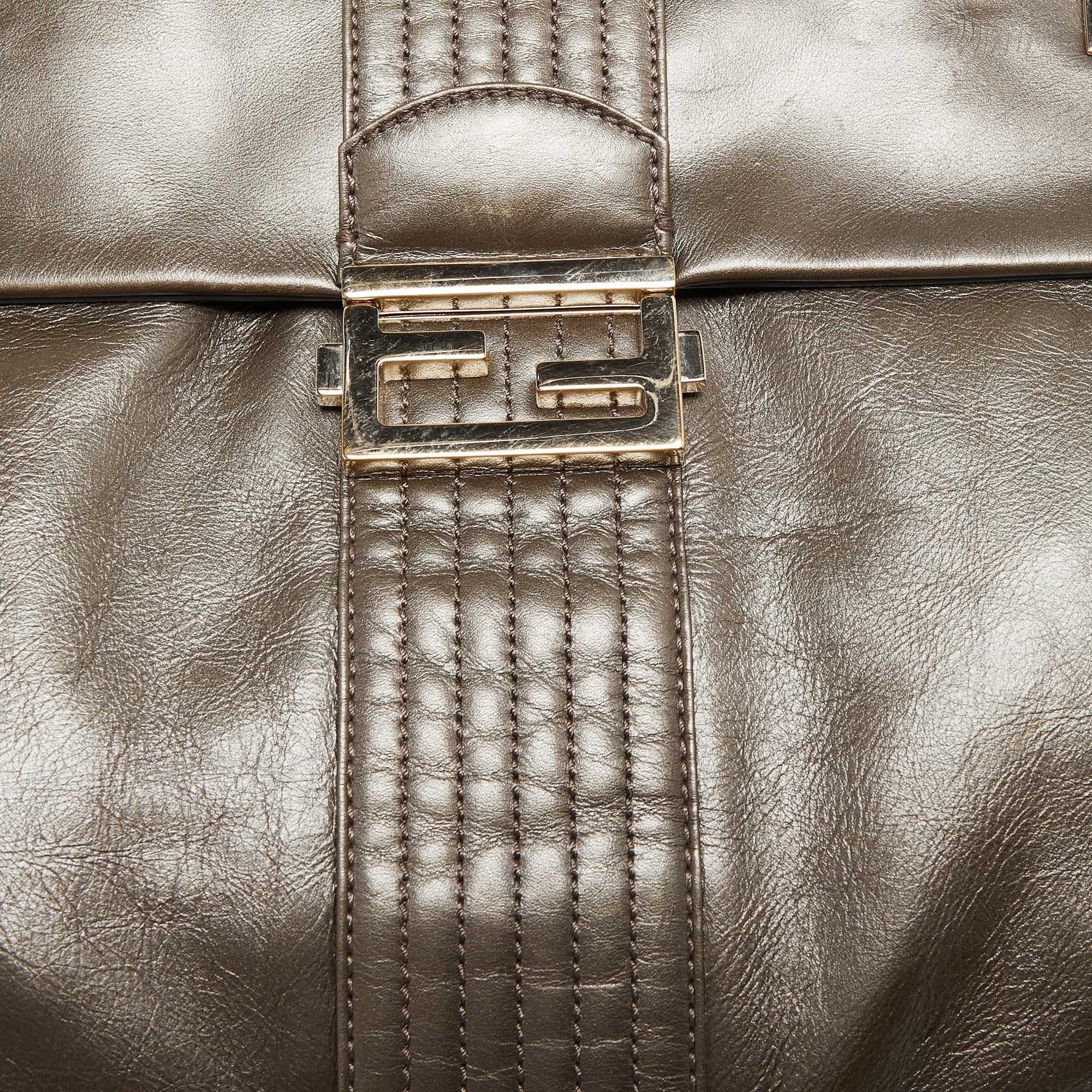 Fendi Metallic Grey Leather Maxi Studded Baguette Flap Shoulder Bag 1