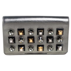 Fendi Metallic Grey Leather Studded Clutch