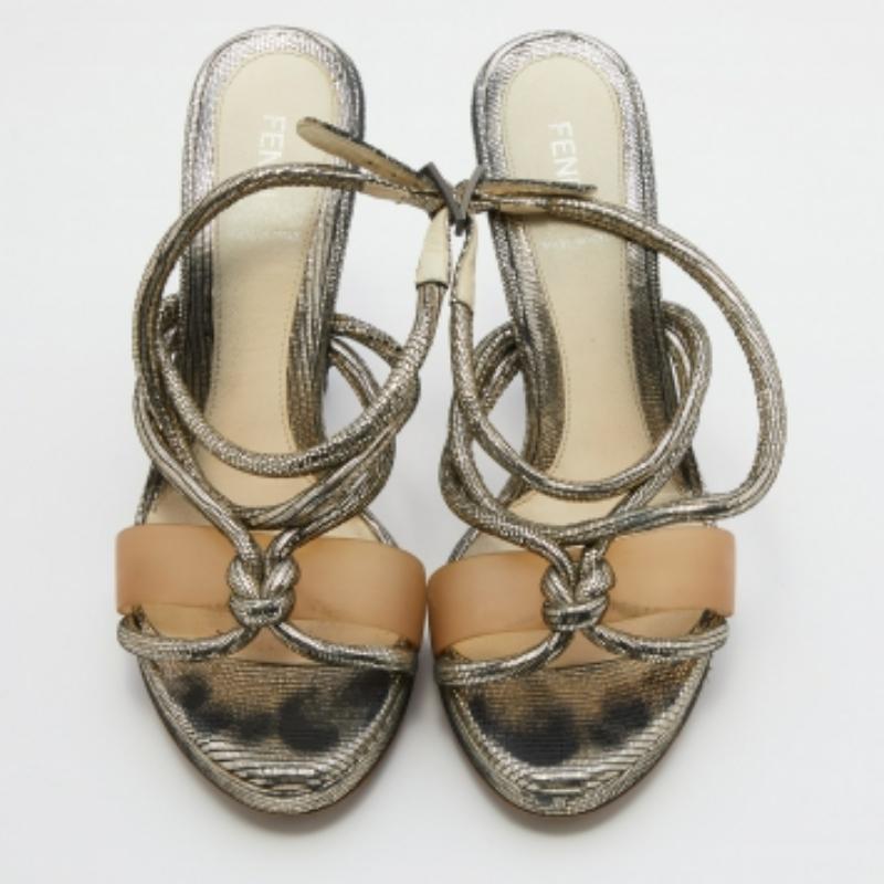 Gray Fendi Metallic Grey Lizard Leather Chain Cage Heel Platform Sandals Size 40 For Sale